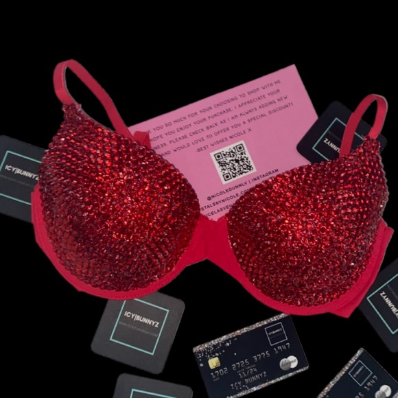 Crystal Rhinestone Classic Siam Red Glam Bling Bra Top All Sizes New - Picture 4 of 13
